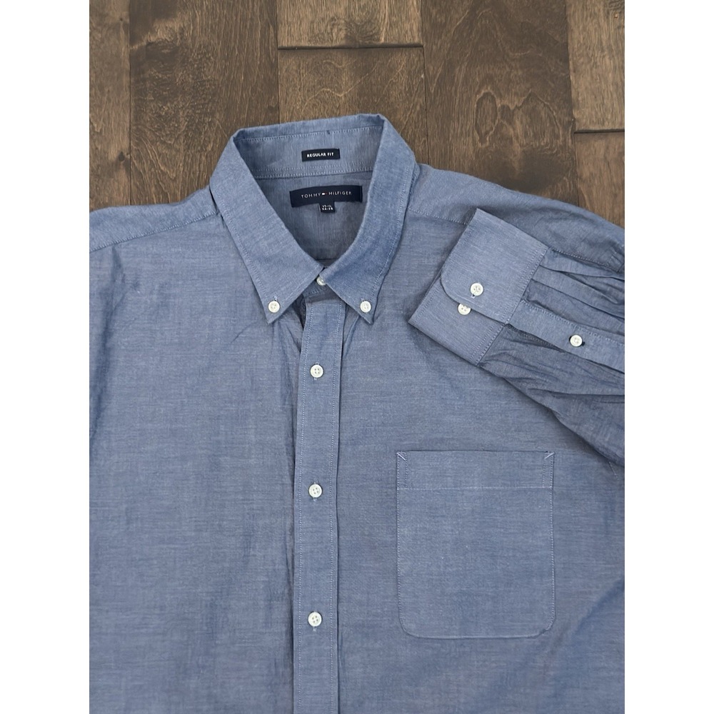 Tommy Hilfiger Mens Regular Fit Blue‎ Button Down Oxford Shirt Size 17.5 34-35